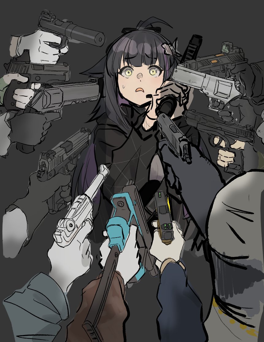1girl, aiming, animal_ears, arknights, black_background, black_gloves, black_hoodie, bolt_action, cat_ears, character_request, clich51368861, colored_inner_hair, commentary, cropped_torso, disembodied_hand, ears_down, frown, furrowed_brow, glock, gloves, gun, hair_ornament, handgun, hands_up, holding, holding_gun, holding_weapon, hood, hood_down, hoodie, jessica_(arknights), jessica_the_liberated_(arknights), john_wick, long_hair, long_sleeves, looking_at_viewer, luger_p08, multicolored_hair, open_mouth, parody, ponytail, purple_hair, revolver, scared, simple_background, small_sweatdrop, surrounded_by_guns, upper_body, weapon, welrod, white_gloves, yellow_eyes