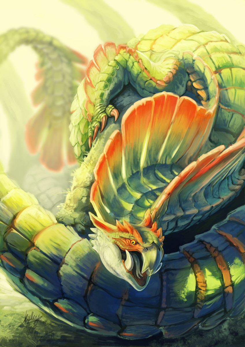 animal_focus, claws, day, endivinity, forked_tongue, highres, looking_at_viewer, monster, monster_hunter_(series), najarala, no_humans, open_mouth, outdoors, scales, solo, tongue, tusks, yellow_eyes