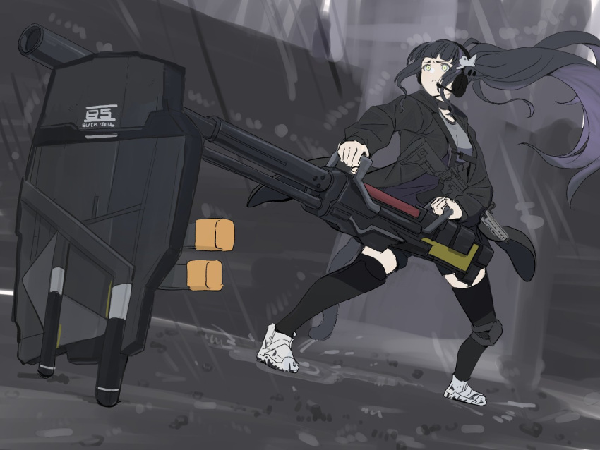 1girl, animal_ears, arknights, assault_rifle, black_coat, black_hair, black_shorts, black_thighhighs