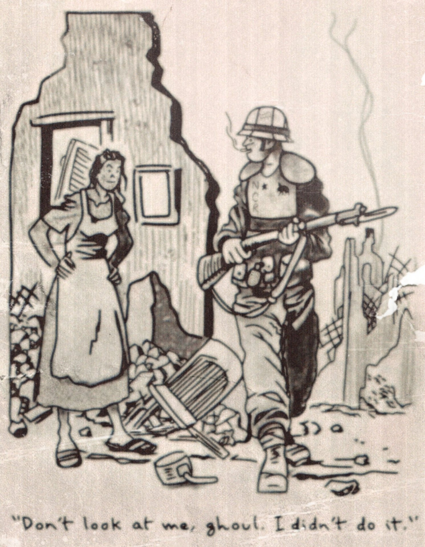 1boy, 1girl, apron, bayonet, caption, cigarette, dress, english_text