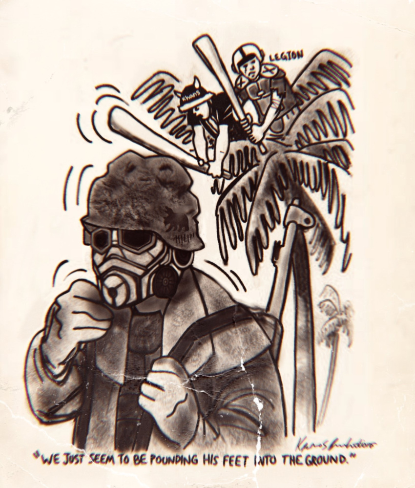 3boys, armored_boots, baseball_bat, boots, caesar's_legion, coat, dent, english_commentary, english_text, fallout:_new_vegas, fallout_(series), gas_mask, great_khans_(fallout), gun, helmet, highres, holding, holding_baseball_bat, kronos_co, legionary_(fallout), mask, multiple_boys, ncr_veteran_ranger, new_california_republic, palm_tree, parody, raider_(fallout), retro_artstyle, rifle, simple_background, spiked_helmet, tree, weapon, weapon_on_back, white_background