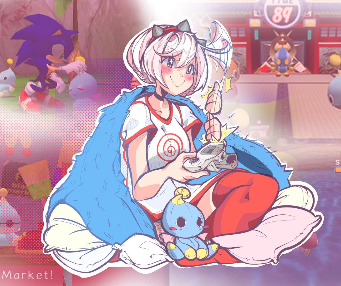 1girl, ahoge, alternate_costume, blanket, blush, chao_(sonic), chao_garden, elphelt_valentine, expressive_hair, game_console, game_screenshot_background, guilty_gear, guilty_gear_strive, omochao, poopiepluto, red_thighhighs, sega, sega_dreamcast, shirt, smile, sonic_(series), sonic_adventure, sonic_the_hedgehog, star-shaped_pupils, star_(symbol), stuffed_toy, symbol-shaped_pupils, thigh-highs, white_hair, white_shirt