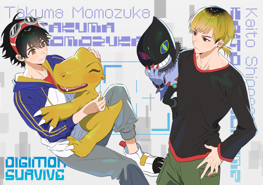 2boys, absurdres, agumon, black_shirt, blue_hoodie, blue_skin, brown_hair, character_name