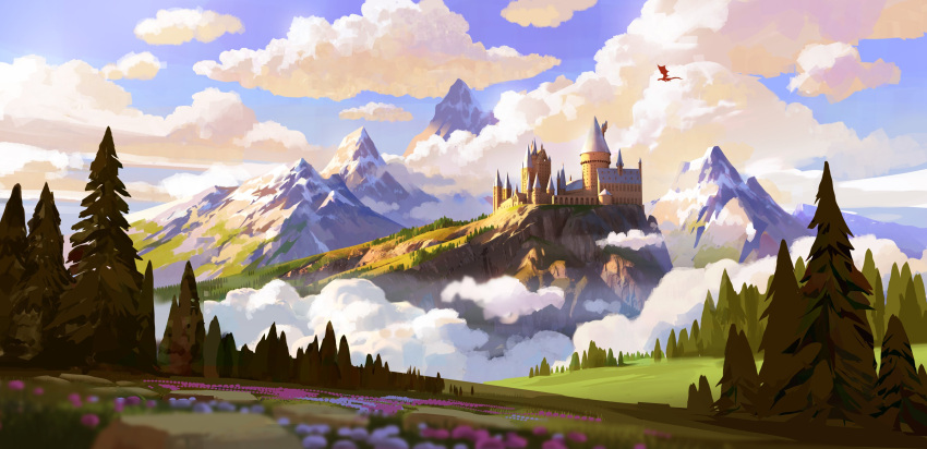 above_clouds, absurdres, bird, blue_sky, building, castle, clouds, cloudy_sky, day, dragon, fantasy, field, flower, flower_field, forest, grass, harry_potter_(series), highres, hogwarts, kevin_gnutzmans, lake, landscape, mountain, mountainous_horizon, nature, no_humans, outdoors, photoshop_(medium), purple_flower, scenery, sky, sunlight, tower, tree, wizarding_world