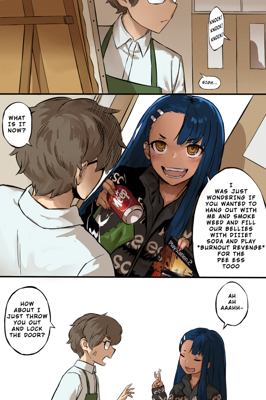 1boy, 1girl, black_hair, black_jacket, brand_name_imitation, brown_hair, burnout_revenge, can, classroom, dark-skinned_female, dark_skin, down_jacket, drink_can, english_commentary, english_text, fangs, girly_boy, glasses, hachiouji_naoto, hair_ornament, hairclip, haraya_manawari, highres, ijiranaide_nagatoro-san, indoors, jacket, juvenile, long_hair, nagatoro_hayase, shirt, short_hair, smiling_friends, soda_can, speech_bubble, tan, teenage, teeth, tomboy, tsundere, white_shirt, young