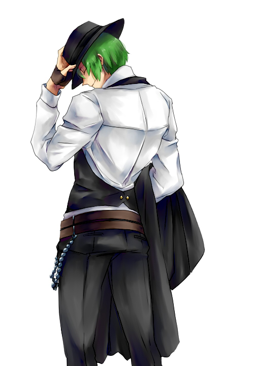 blazblue, c_kihara, fedora, fingerless_gloves, gloves, green_hair, hat, hazama