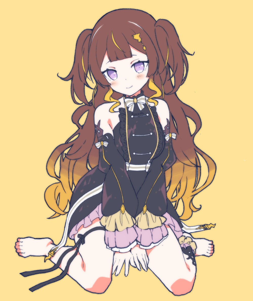 1girl, anya_melfissa, anya_melfissa_(1st_costume), barefoot, black_dress, blonde_hair, blush, bow, bowtie, breasts, brown_hair, colored_tips, commentary, detached_sleeves, dress, frilled_dress, frills, full_body, hololive, hololive_indonesia, ishida_aya, leg_ribbon, long_hair, long_sleeves, looking_at_viewer, multicolored_hair, ribbon, simple_background, sitting, sleeveless, sleeveless_dress, small_breasts, smile, solo, thigh_ribbon, twintails, two_side_up, violet_eyes, virtual_youtuber, wariza, yellow_background