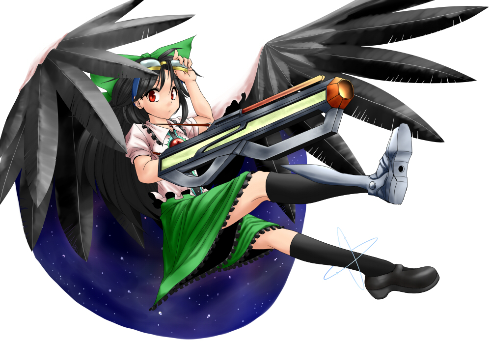 arm_cannon, asymmetrical_clothes, black_hair, bow, cape, cosplay, error, goggles