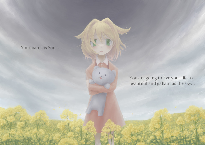 100_percent_orange_juice, 1girl, aged_down, blonde_hair, blush, character_name, child, clouds