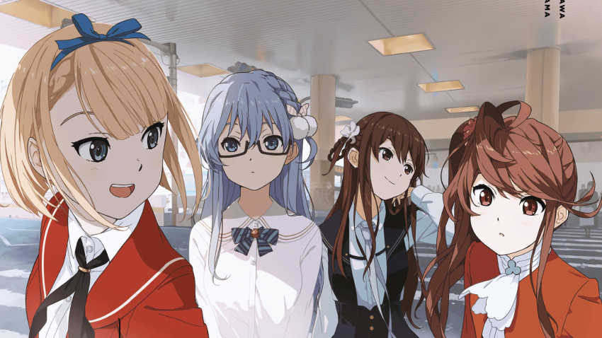 22/7, 22/7_ongaku_no_jikan, 4girls, black-framed_eyewear, blonde_hair, blue_eyes, blue_hair, blue_hairband