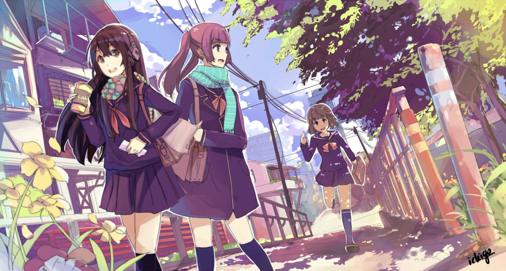 :d, bag, black_legwear, blue_legwear, brown_eyes, brown_hair, chanchan, cloud