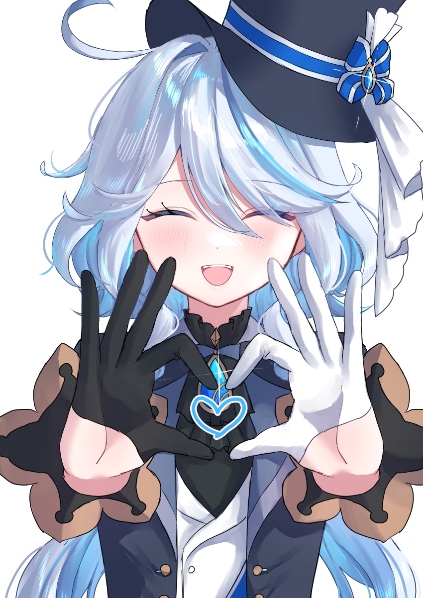 1girl, absurdres, ahoge, arms_up, ascot, asymmetrical_gloves, black_ascot, black_gloves
