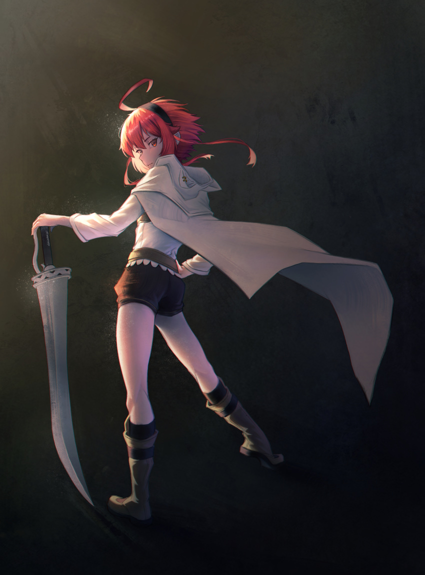 1girl, absurdres, ahoge, aqby69, ass, black_background, black_hairband, black_socks, bloom, boots, brown_footwear, brown_shorts, cloak, closed_mouth, contrapposto, eris_greyrat, from_behind, full_body, hairband, hand_on_own_hip, heel_up, highres, holding, holding_sword, holding_weapon, hood, hooded_cloak, legs_apart, long_sleeves, looking_at_viewer, looking_back, mushoku_tensei, red_eyes, redhead, shirt, short_hair, shorts, sidelighting, sidelocks, socks, solo, sword, weapon, white_cloak, white_shirt