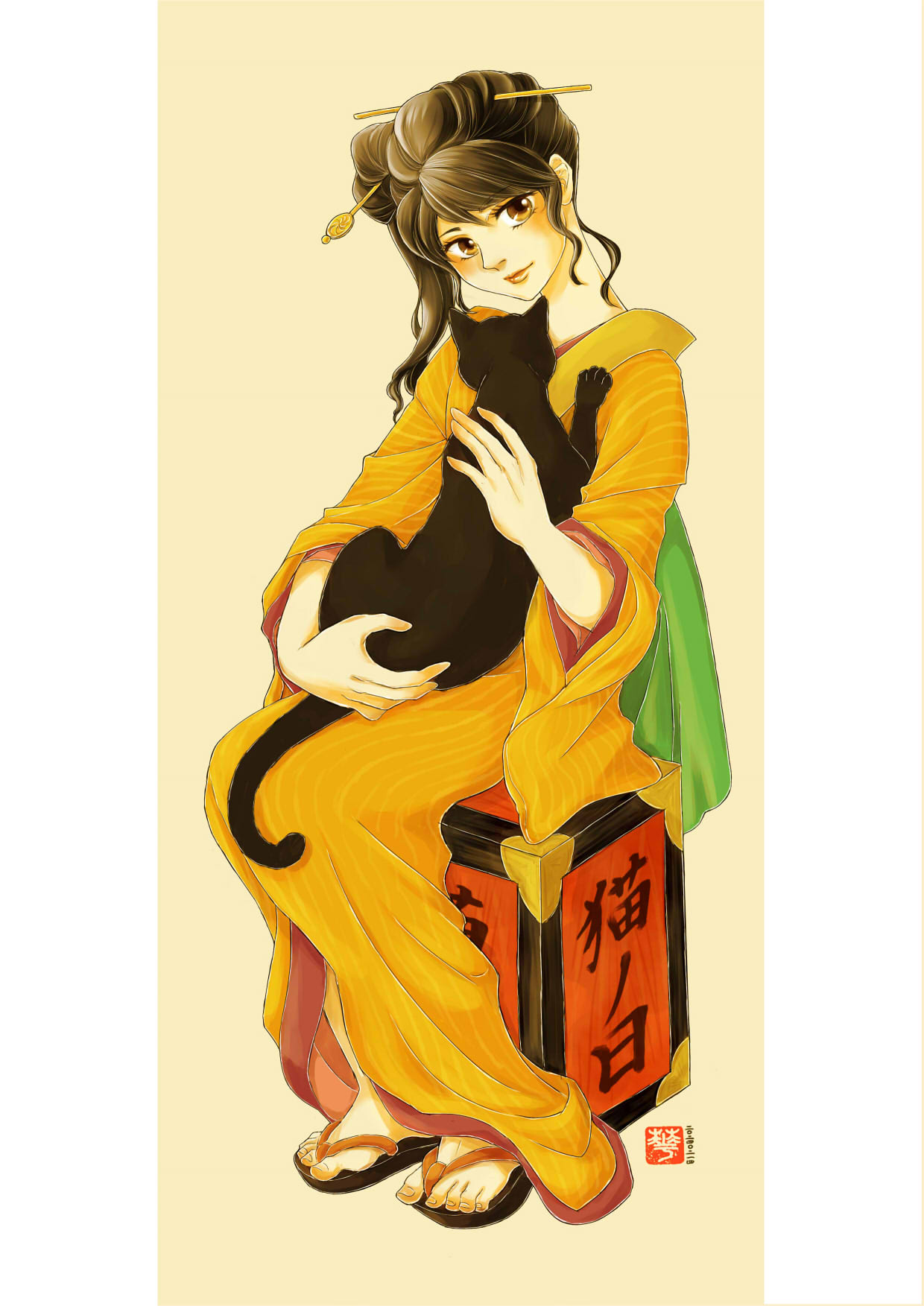 1girl, black_cat, box, brown_eyes, brown_hair, cat, fine_art_parody, geta, hair_ornament, hairpin, hana-tanuki21, hanamichi, head_tilt, highres, japanese_clothes, kimono, light_smile, long_hair, looking_at_viewer, original, parody, signature, toes, translation_request
