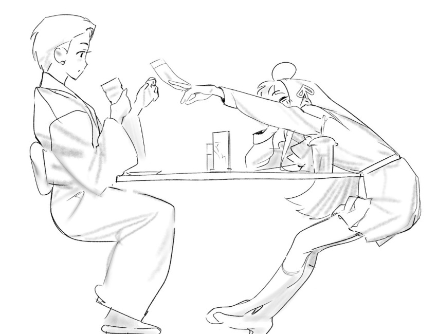 2girls, awa_subaru, awa_tendo, back_bow, bow, closed_eyes, cup, earrings