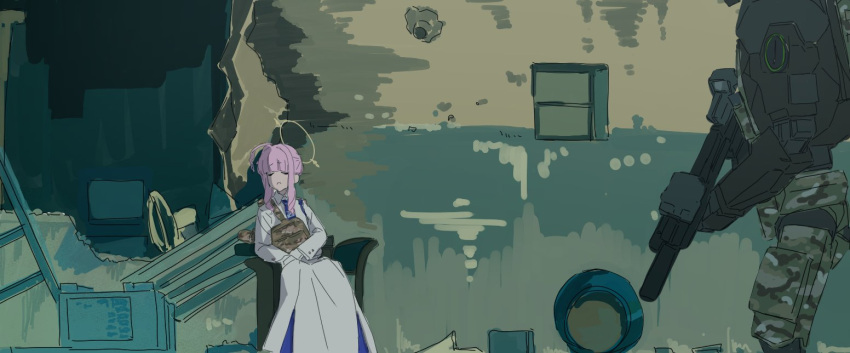 13_hours:_the_secret_soldiers_of_benghazi, 1boy, 1girl, ahoge, blue_archive, blue_necktie, blunt_bangs, broken_wall