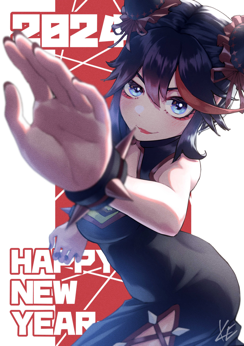 absurdres, adapted_costume, black_hair, blue_eyes, chinese_zodiac, double_bun, eye_makeup, hair_bun, highres, kenosousaku, kill_la_kill, life_fiber, lipstick, makeup, martial_arts, matoi_ryuuko, multicolored_hair, nail_polish, redhead, senketsu, short_hair, signature, streaked_hair, two-tone_hair, year_of_the_dragon