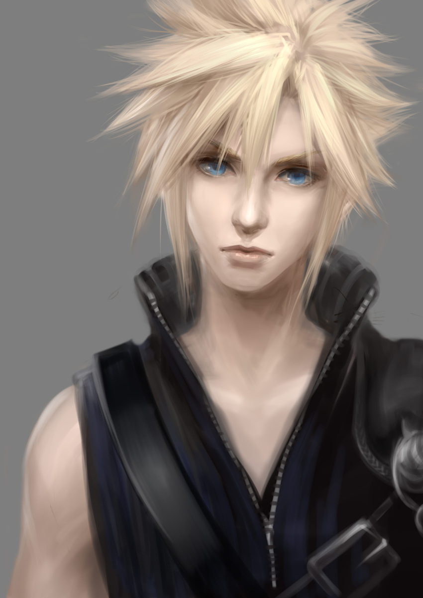 asukaziye, blonde_hair, blue_eyes, bust, cloud_strife, final_fantasy, final_fantasy_vii, final_fantasy_vii_advent_children, highres, simple_background, solo, spiked_hair, spiky_hair