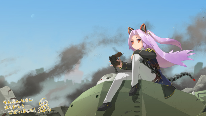 1girl, arm_on_knee, black_coat, black_footwear, blue_sky, closed_mouth, coat, commentary_request