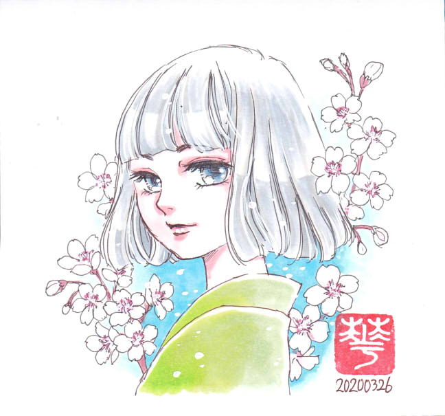 1girl, albino, blue_eyes, cherry_blossoms, chiyoda_sakura, green_kimono, hana-tanuki21, japanese_clothes