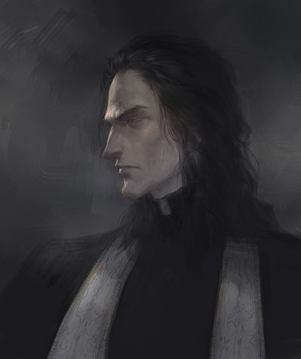 1boy, black_background, black_jacket, cheekbones, closed_mouth, dungeons_&amp;_dragons, from_side, high_collar