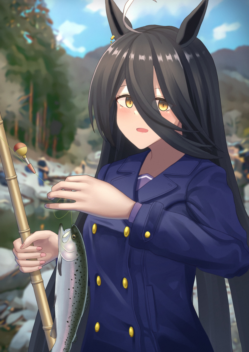 1girl, ahoge, animal_ears, bakkasu150, blue_coat, blue_sky, blurry, blurry_background