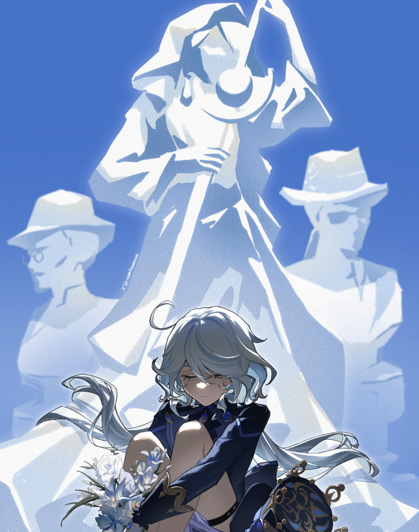 1girl, ascot, blue_ascot, blue_background, blue_brooch, blue_hat, blue_jacket, closed_eyes