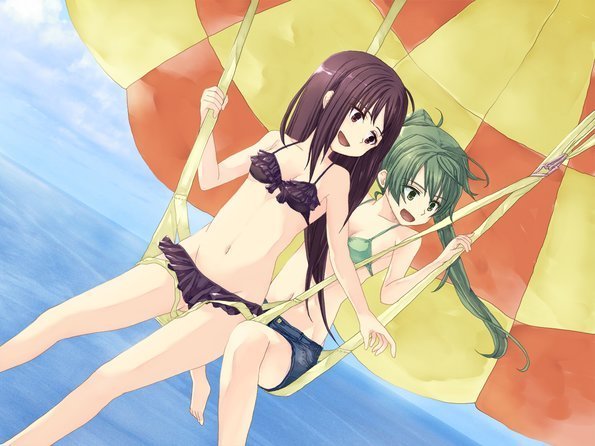 2girls, bikini, bikini_skirt, brown_eyes, brown_hair, game_cg, green_eyes, green_hair