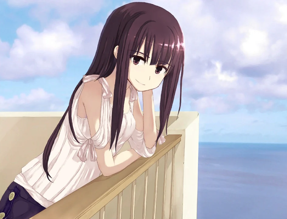 1girl, brown_eyes, brown_hair, clouds, game_cg, head_on_hand, hide38, leaning_forward