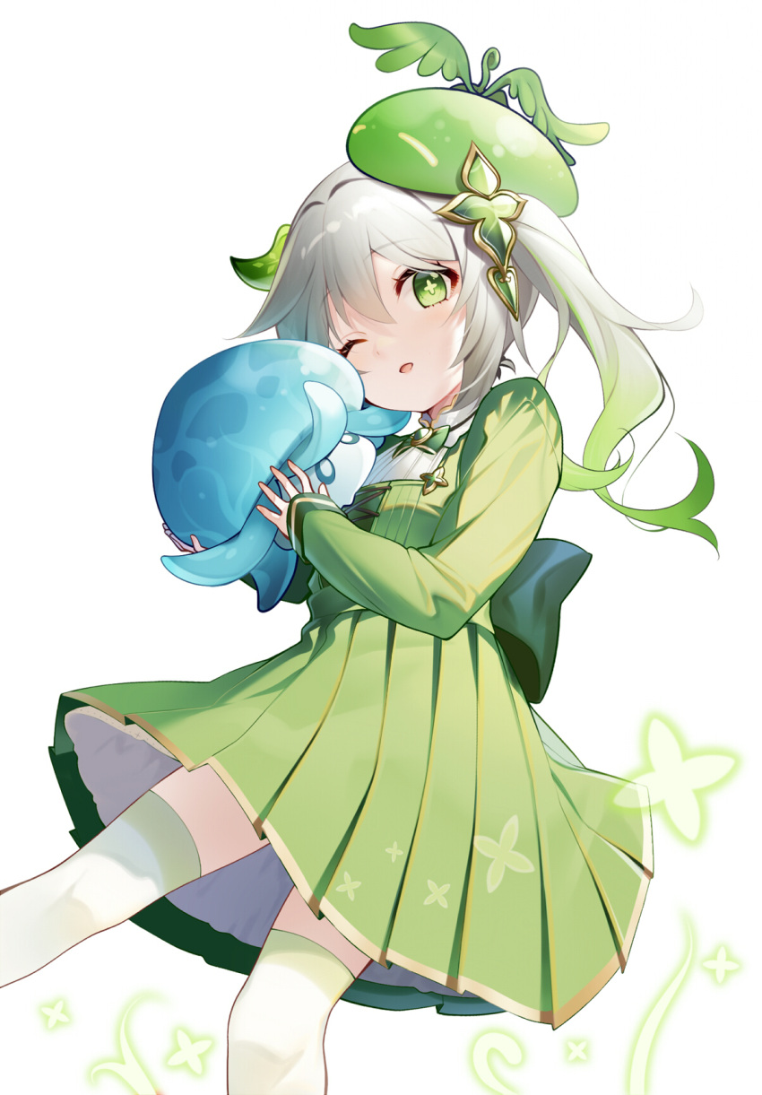beret, bow, bowtie, brooch, cross-shaped_pupils, cross_brooch, dendro_slime_(genshin_impact), dress