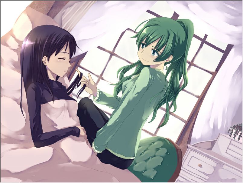 1girl, bed, blanket, brown_hair, closed_eyes, drawer, game_cg, green_eyes