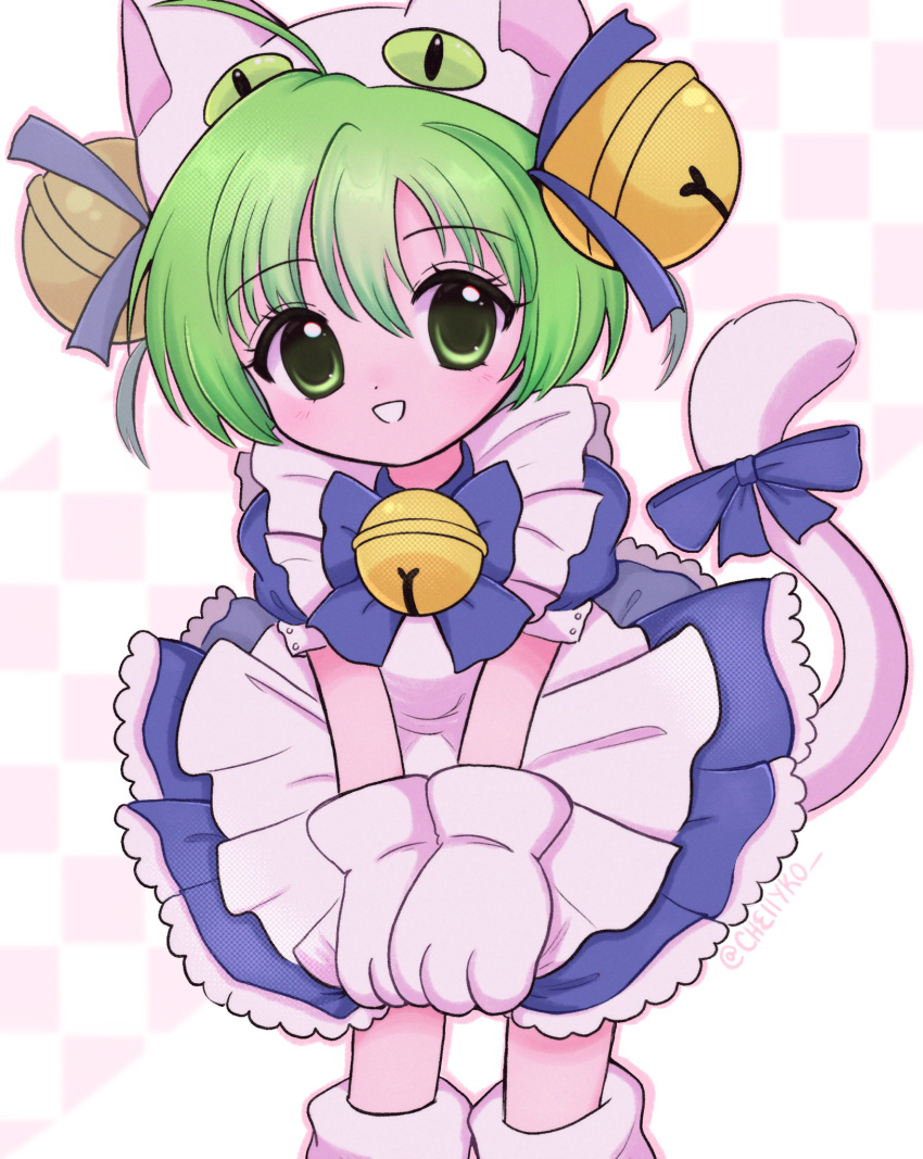 1girl, animal_ears, animal_hat, apron, bell, bow, cat_ears, cat_girl