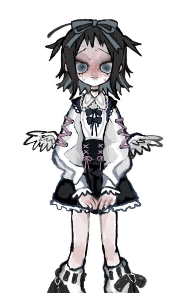 1girl, angel_wings, black_bow, black_hair, black_nails, black_skirt, blue_eyes, blue_hair, blue_ribbon, bow, closed_mouth, collared_shirt, colored_inner_hair, commentary_request, feet_out_of_frame, frown, furrowed_brow, hair_ribbon, high-waist_skirt, jirai_kei, kaga_ai, leg_warmers, long_sleeves, looking_at_viewer, low_wings, mini_wings, mole, mole_under_eye, multicolored_hair, namekuji_(kagaai_love), nervous, nervous_sweating, puffy_long_sleeves, puffy_sleeves, raised_eyebrows, ribbon, sayonara_zetsubou_sensei, shirt, shirt_bow, shirt_tucked_in, short_bangs, sidelocks, simple_background, skirt, solo, standing, sweat, two_side_up, v_arms, white_background, white_shirt, wings