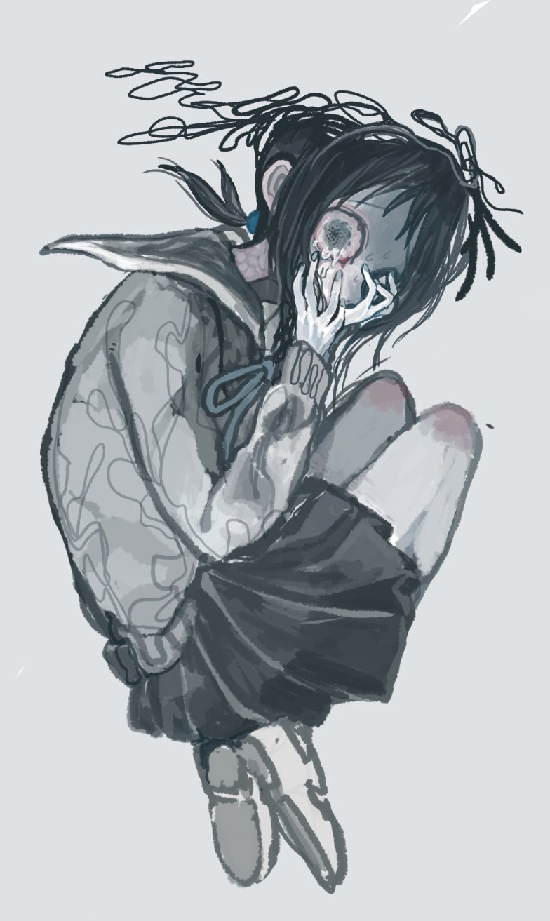 1girl, black_hair, black_skirt, blue_ribbon, covering_own_mouth, crying, crying_with_eyes_open, dripping_eye