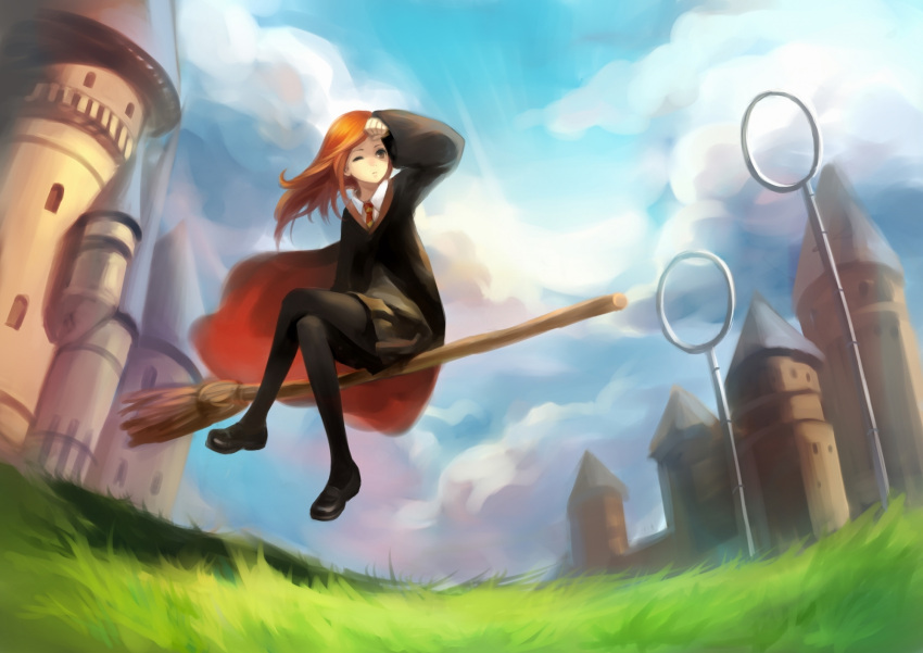 asukaziye, black_legwear, black_pantyhose, broom, brown_eyes, brown_hair, castle, cloud
