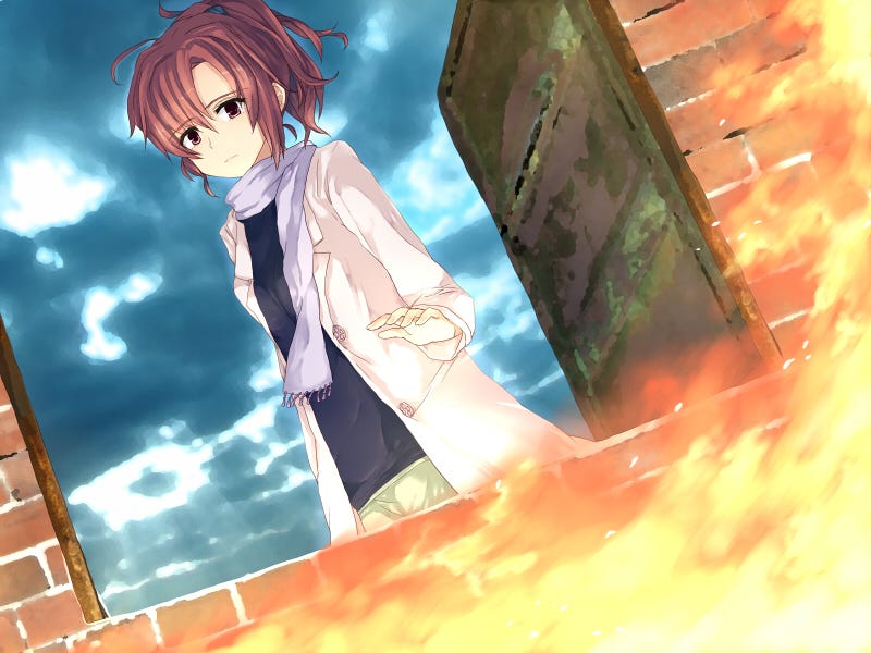 1girl, brown_eyes, fire, game_cg, hair_ornament, hide38, incinerator, lab_coat