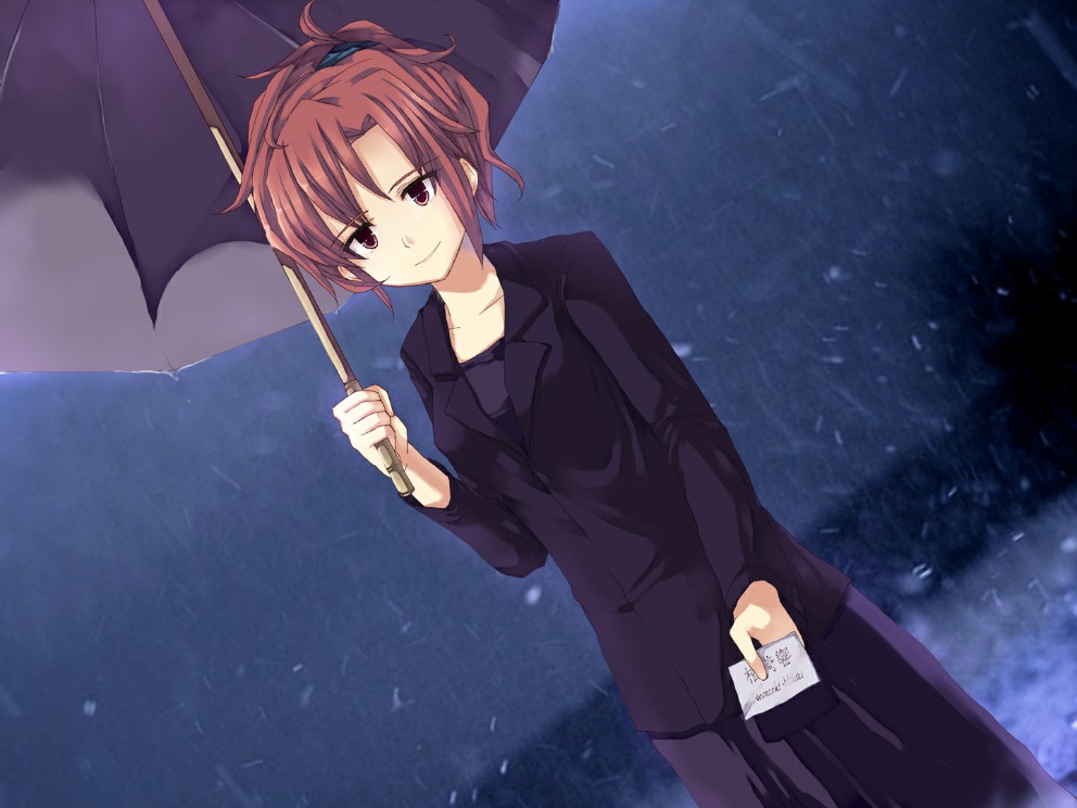 1girl, black_shirt, black_skirt, brown_eyes, game_cg, hide38, messy_hair, narasaki_hibiki_(seabed)
