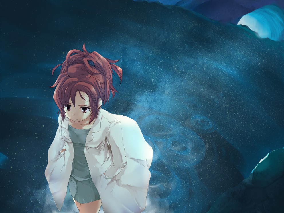 1girl, blue_shirt, brown_eyes, game_cg, hands_in_pockets, hide38, labcoat, messy_hair