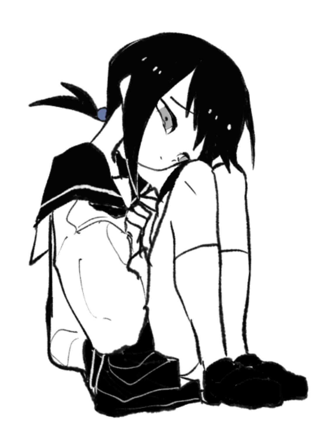 1girl, closed_mouth, commentary, from_side, full_body, furrowed_brow, greyscale, half-closed_eyes