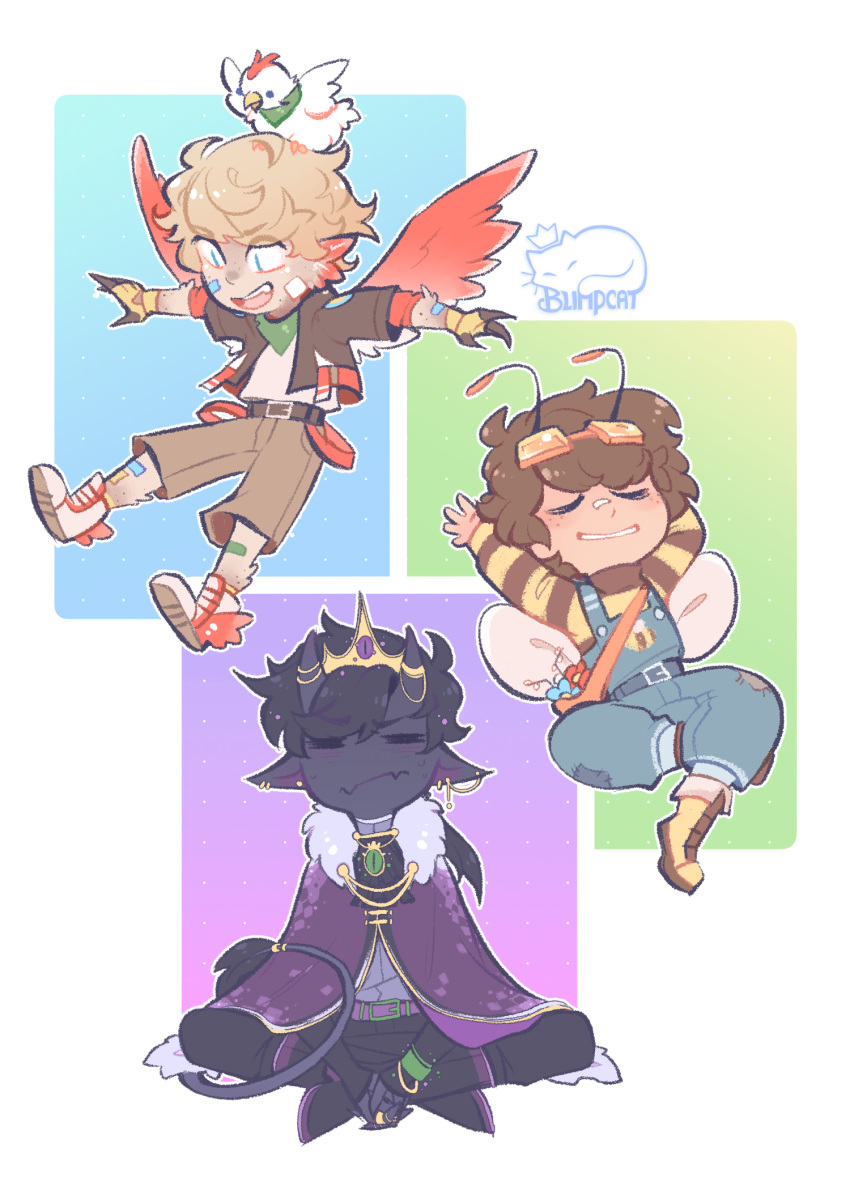 3boys, abstract_background, antennae, bee_boy, bee_wings, bird, bird_boy, bird_wings
