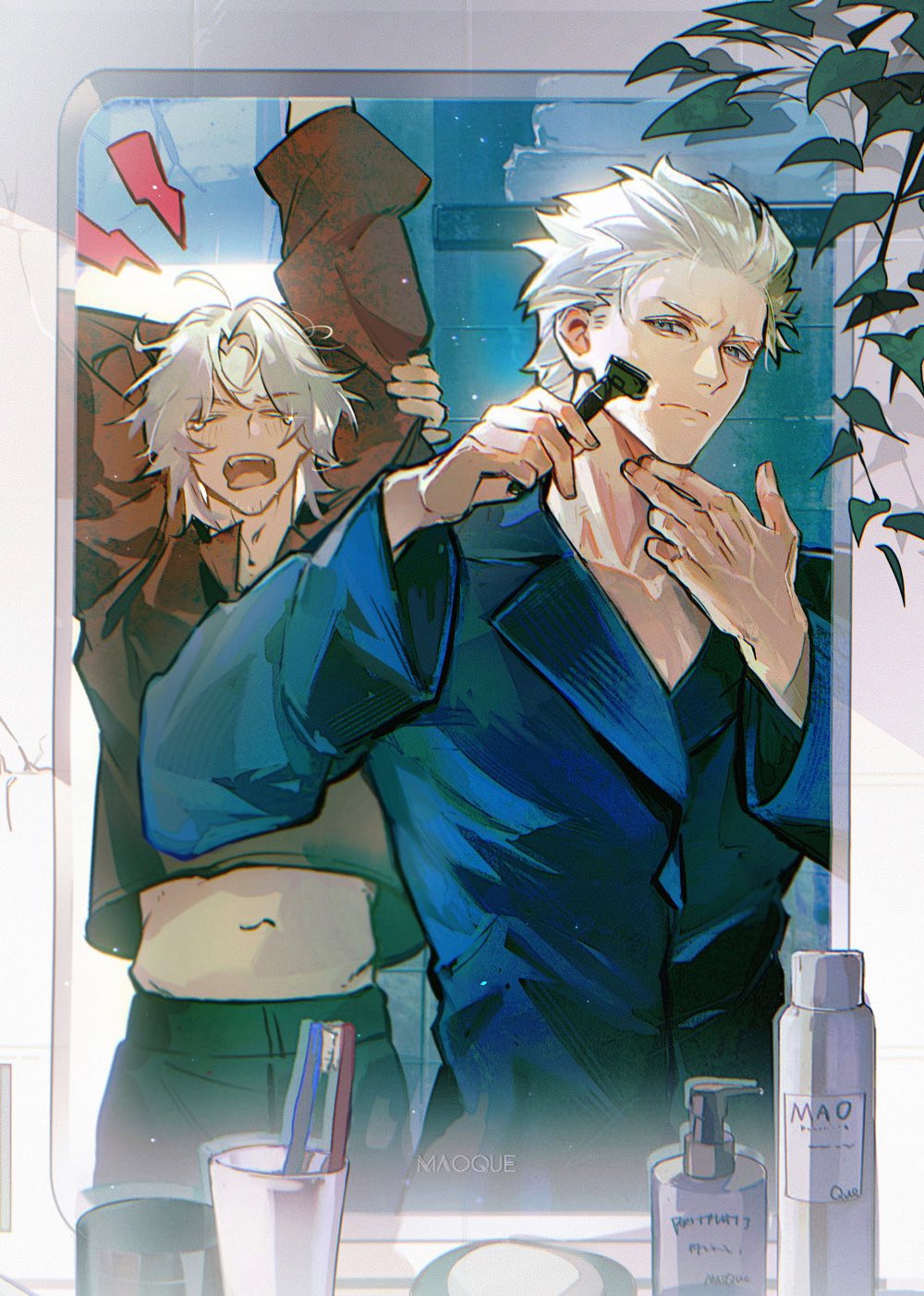 2boys, bathroom, blue_eyes, brothers, dante_(devil_may_cry), devil_may_cry_(series), devil_may_cry_5, facial_hair, highres, holding, holding_razor, indoors, looking_at_mirror, male_focus, messy_hair, mirror, morning, multiple_boys, open_mouth, pajamas, razor, reflection, shaving, shaving_beard, siblings, sleepy, toothbrush, waking_up, white_hair, www_(1184187582), yawning