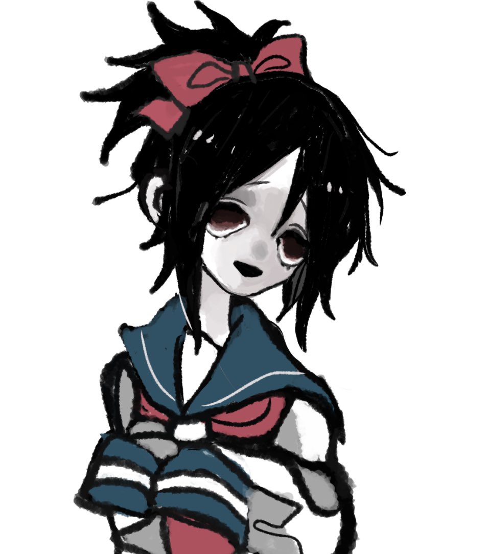 1girl, black_hair, black_mouth, blue_sailor_collar, bow, colored_skin, hair_bow, half-closed_eyes