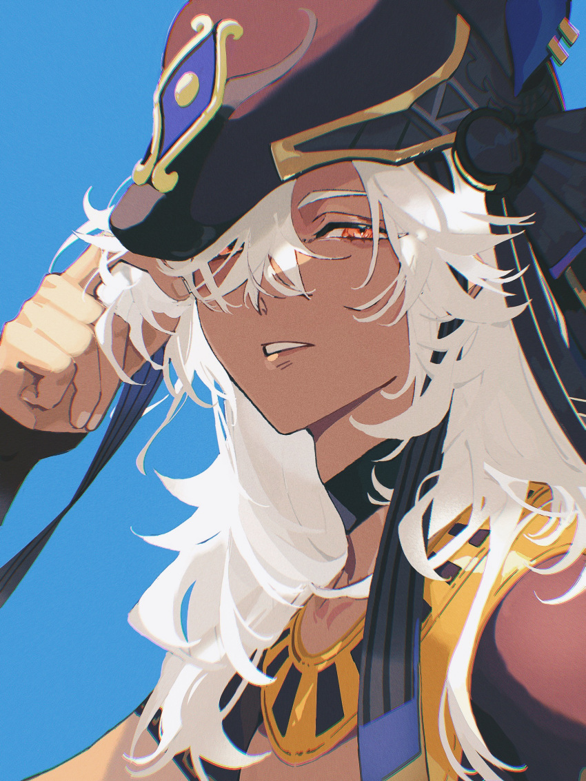 1boy, adam's_apple, animal_ear_headwear, animal_ear_piercing, bishounen, black_choker, black_helmet, blue_background, chinese_commentary, choker, chromatic_aberration, cyno_(genshin_impact), film_grain, genshin_impact, hair_between_eyes, hair_over_one_eye, hair_over_shoulder, half-closed_eyes, hand_in_own_hair, hand_up, helmet, highres, lappet, looking_to_the_side, male_focus, medium_hair, messy_hair, parted_lips, portrait, red_eyes, shade, solo, sunlight, tan, usekh_collar, venom309, white_hair