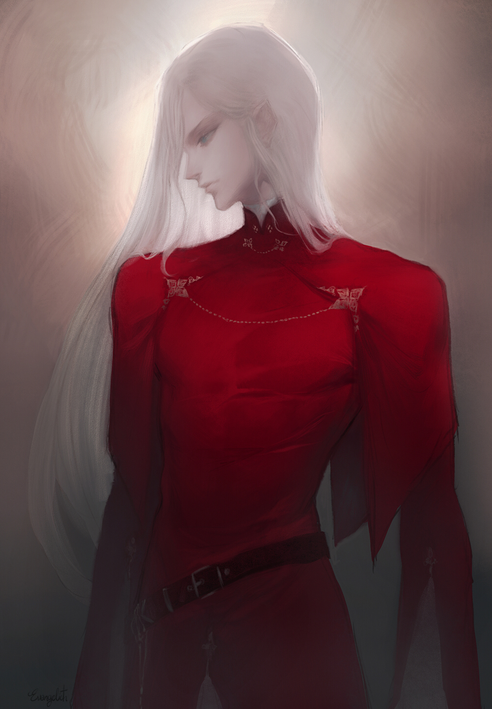 1boy, belt, bishounen, blue_eyes, brown_belt, capelet, closed_mouth, covered_pectorals