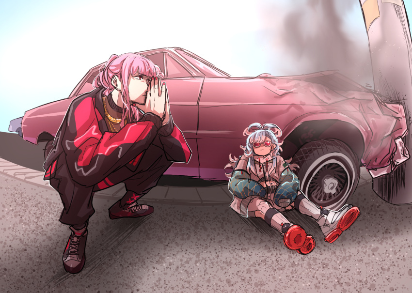 2girls, black_hat, black_jacket, blue_hair, blue_sleeves, car_crash, colored_tips, commentary_request