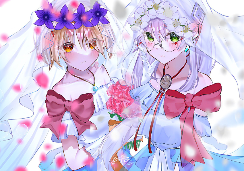 2girls, bare_shoulders, blonde_hair, bow, bowtie, bridal_veil, dress, flower, gloves, green_eyes, grey_hair, hair_flower, hair_ornament, hair_over_one_eye, hair_over_shoulder, heaven_burns_red, highres, izumi_yuki_(heaven_burns_red), kayamori_ruka, long_hair, long_sleeves, looking_at_viewer, low-tied_long_hair, match_neco, multiple_girls, one_eye_covered, outdoors, red_bow, red_bowtie, red_eyes, round_eyewear, short_hair, short_sleeves, smile, veil, wedding_dress, white_dress, white_gloves, wife_and_wife, yuri