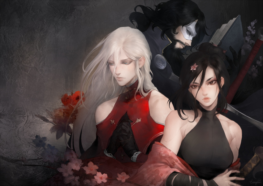 1girl, 2boys, apron, asian, bare_shoulders, beard, black_background, black_hair