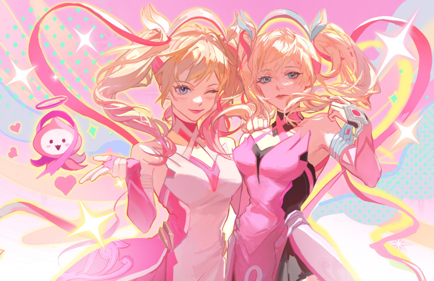 2girls, absurdres, bare_shoulders, blonde_hair, blue_eyes, blush, bridal_gauntlets, closed_mouth
