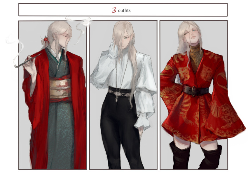 1boy, belt, black_footwear, black_pants, blonde_hair, blue_eyes, blush, boots