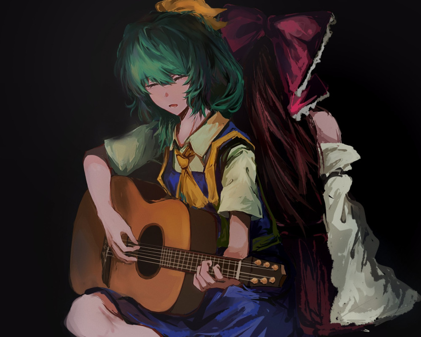 2girls, acoustic_guitar, ascot, back-to-back, black_background, blue_skirt, blue_vest, bow